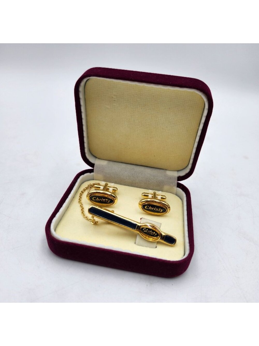 Christy Vault Company Oakland CA Cufflinks Tie Clip Set Gold Tone In Velvet Box